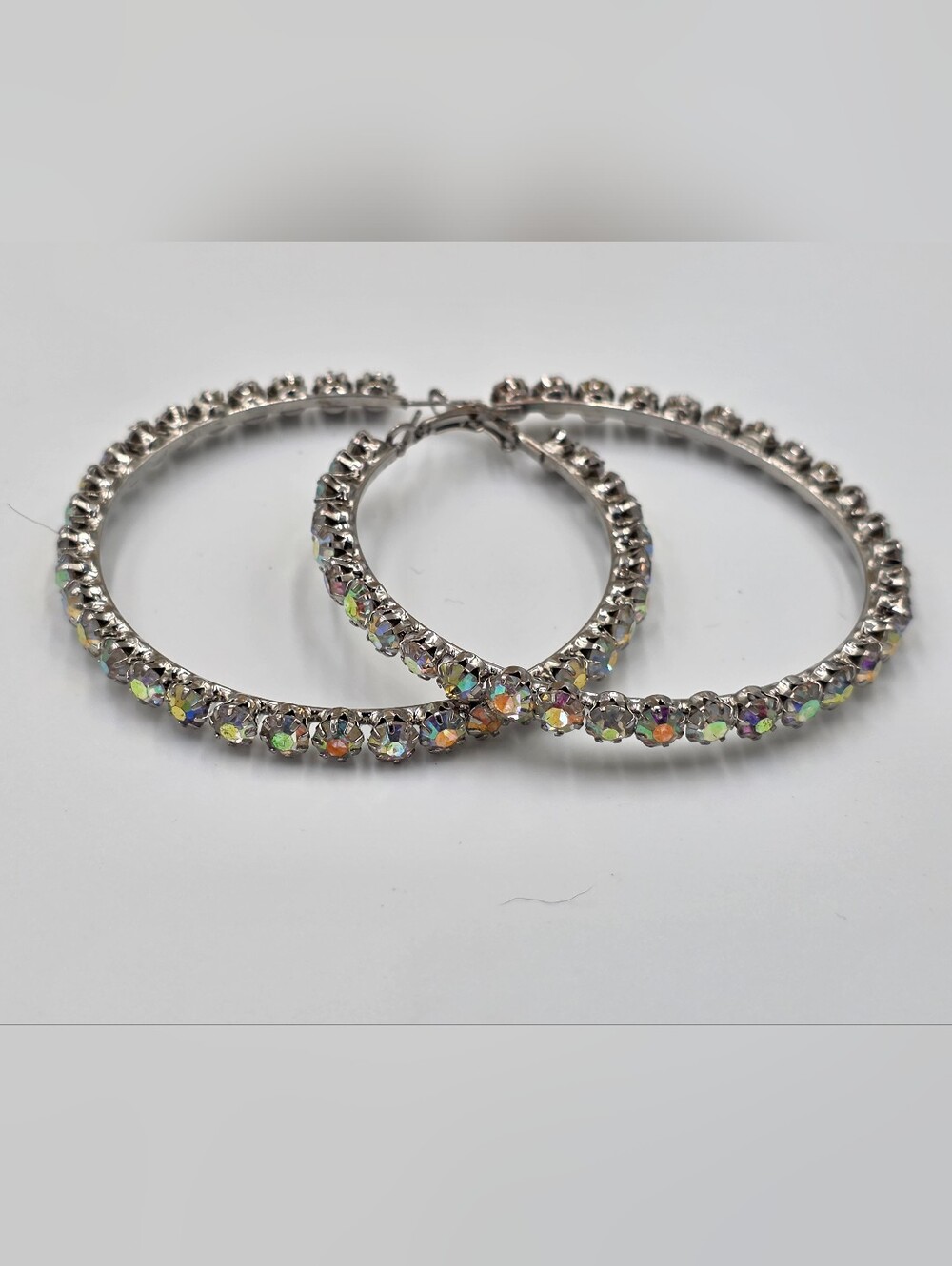 Lucky Brand Silver Tone Huge Hoop Earrings with Iridescent Crystals 3 Inches